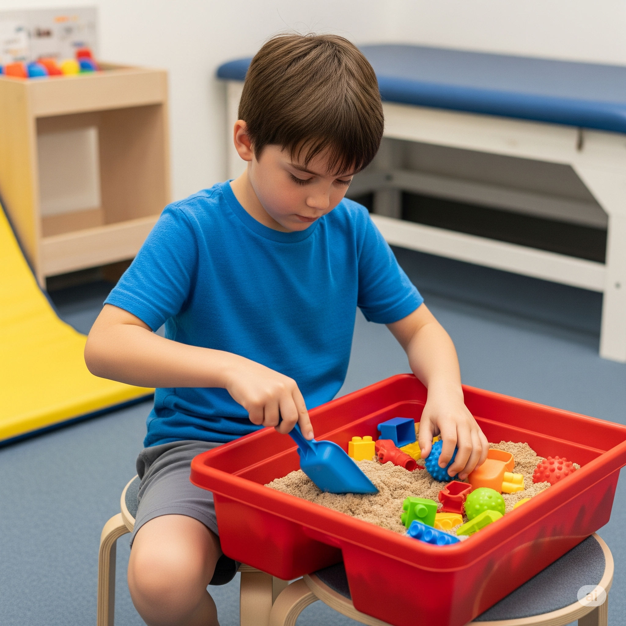 Niño en sesión de terapia ocupacional infantil en IntegralTO, usando arena y juguetes sensoriales para desarrollar habilidades motoras finas y estimulación sensorial.